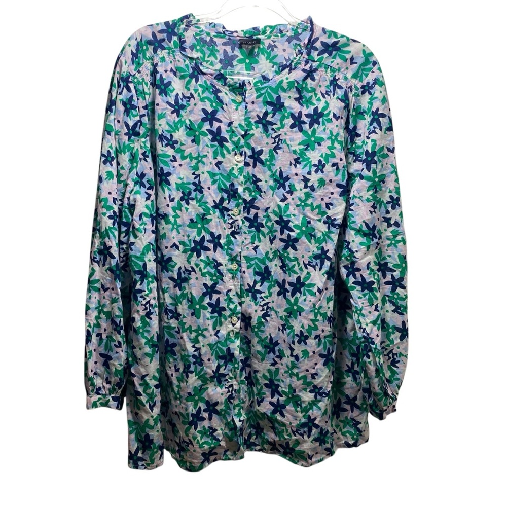 Talbots Women’s Blouse 3X Green Floral Ruffle Neck Cotton Long Sleeve Button - Picture 4 of 10